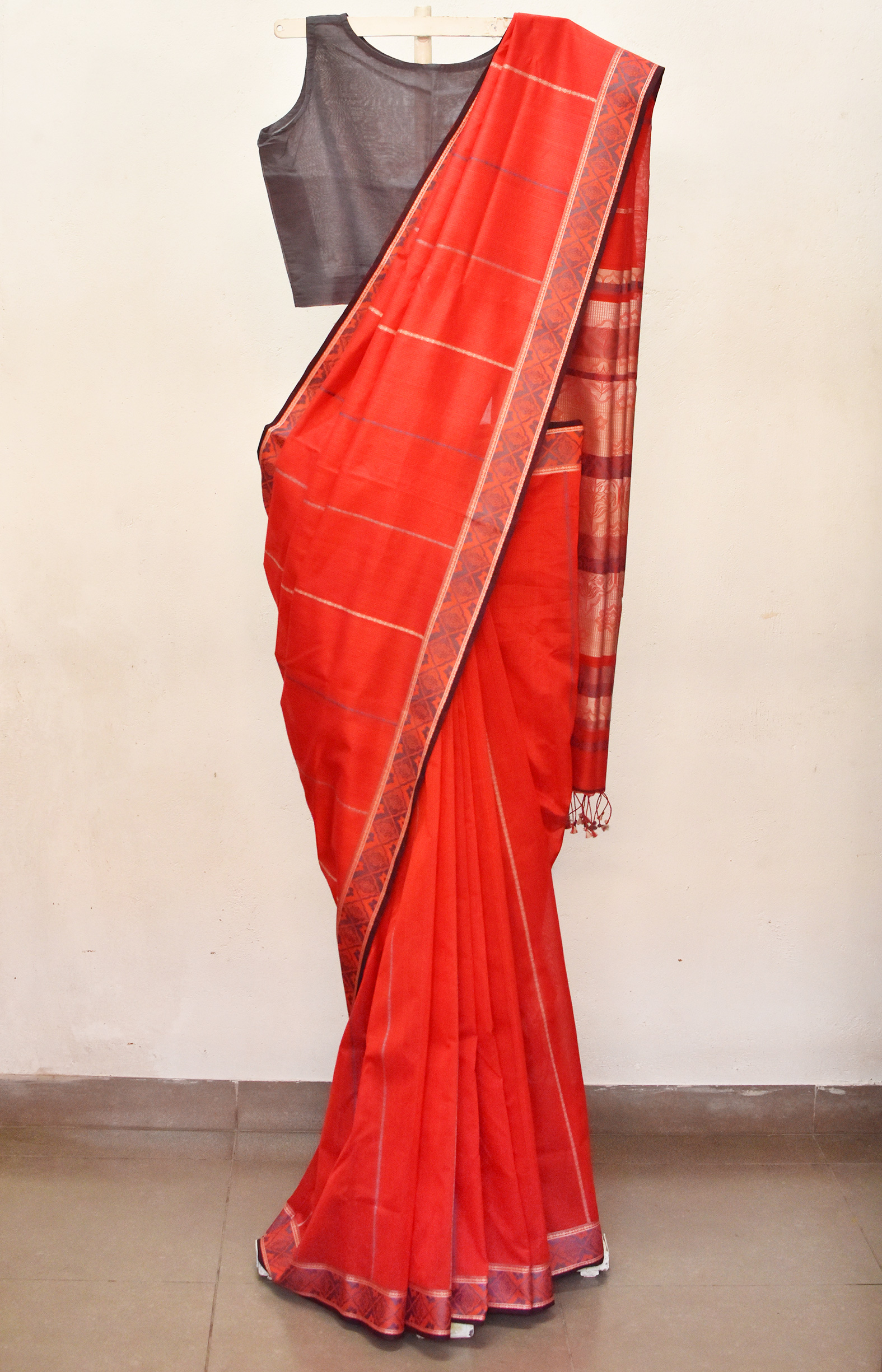 Red with beige, Handwoven Organic Cotton,Textured Weave , Jacquard, Work Wear Saree